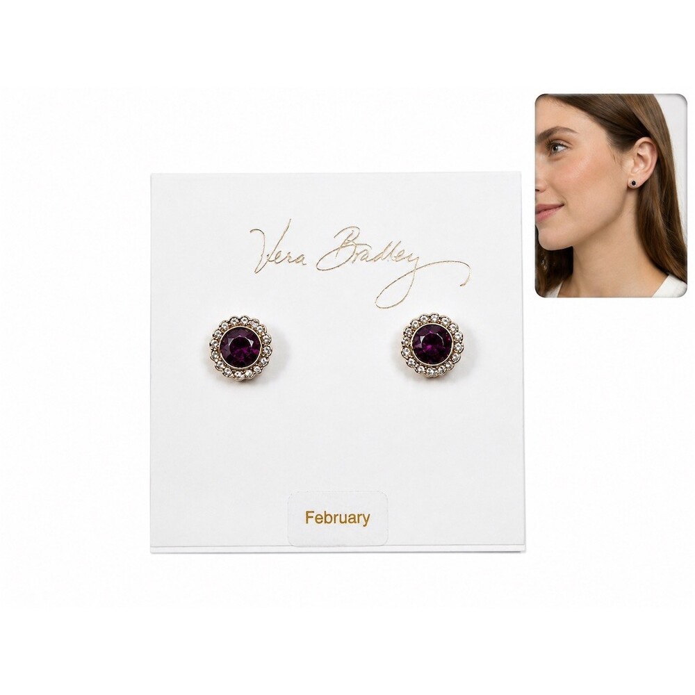 Vera Bradley February Birthstone Stud Earrings Purple Crystal Halo Post silver